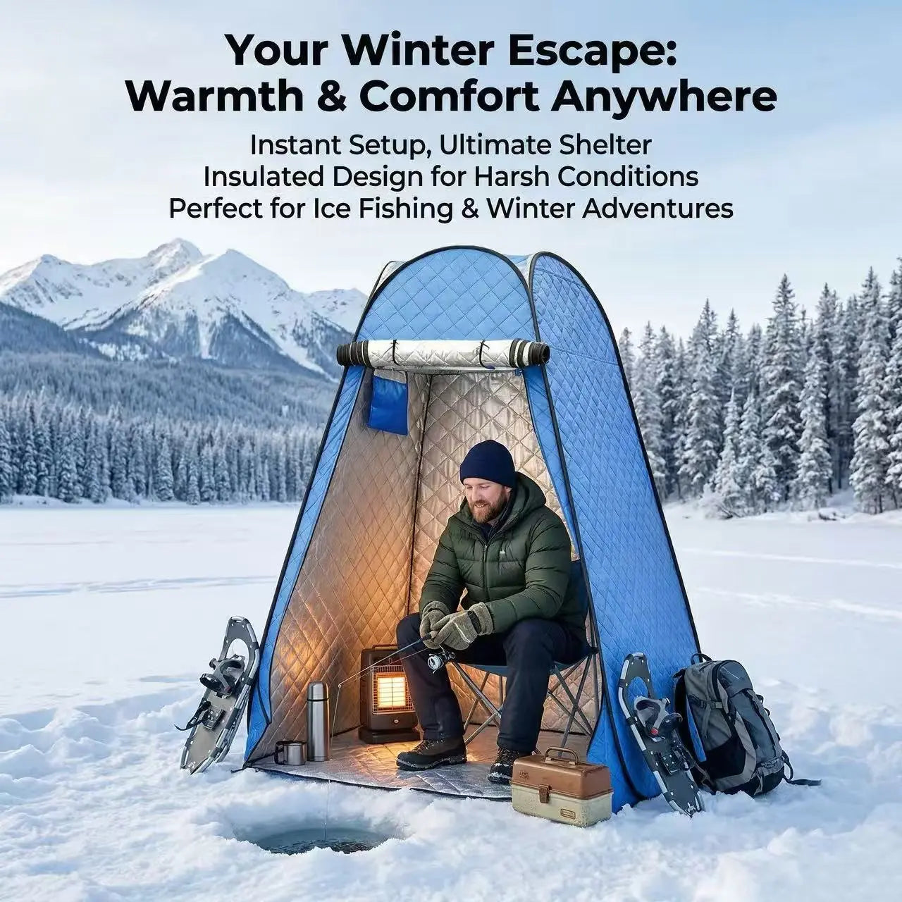 Insulated Pop-Up Ice Fishing Tent – Durable 3-Layer Oxford Cloth Winter Shelter – Instant Setup Portable Tent for Ice Fishing, Camping, and Winter Activities