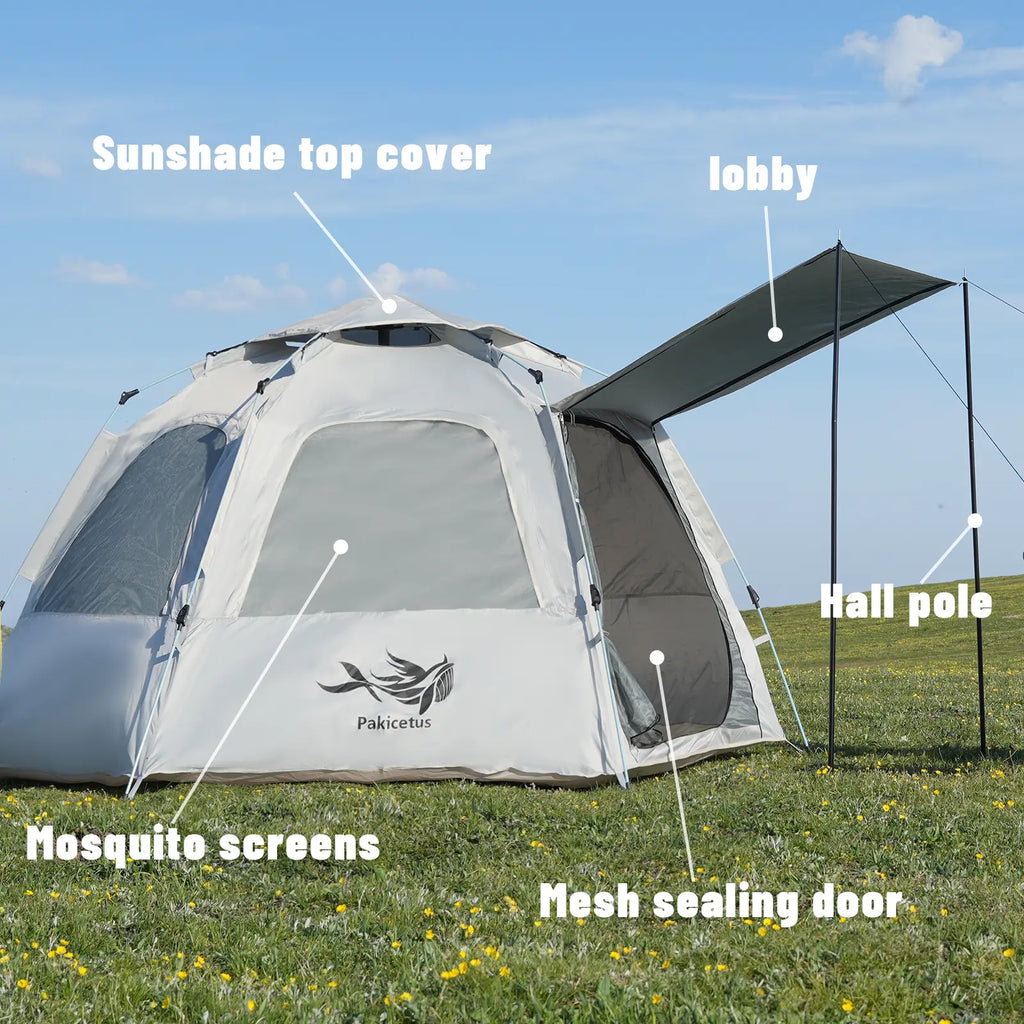 Hexagonal Quick-Open Outdoor Camping Tent with Oxford Fabric UV Protection and Windproof Straps, 6-Sided Mesh Design, Automatic Pop-Up Feature, Portable and Foldable Camping Set for Picnics and Outdoor Adventures