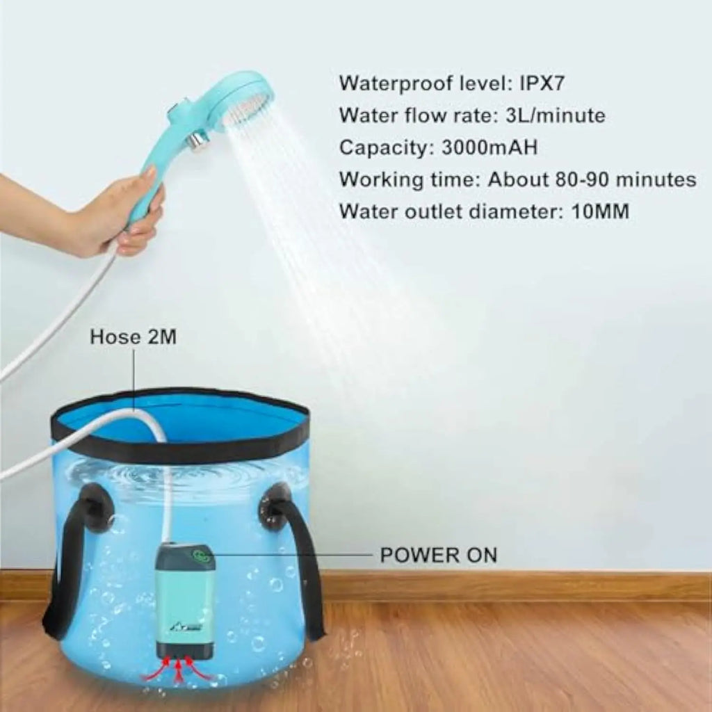WADEO Portable Electric Shower for Camping - Rechargeable Pump with 20L Collapsible Bucket and Shower Head Nozzle for Outdoor Activities