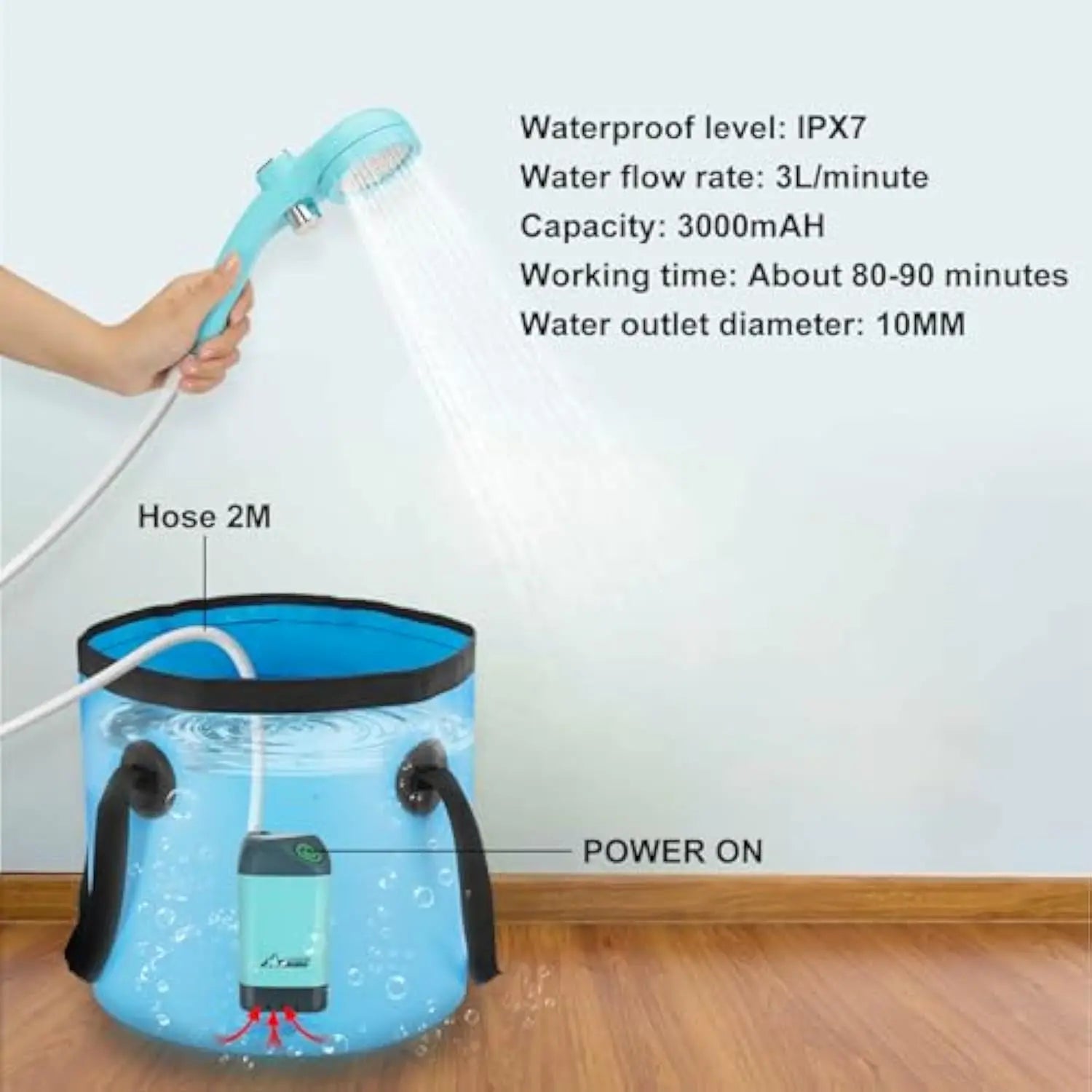 WADEO Portable Electric Shower for Camping - Rechargeable Pump with 20L Collapsible Bucket and Shower Head Nozzle for Outdoor Activities