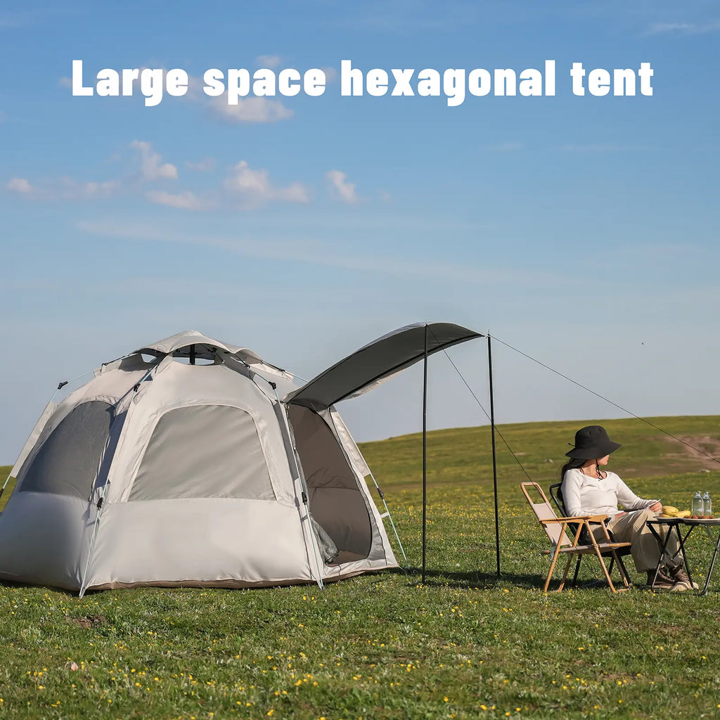 Hexagonal Quick-Open Outdoor Camping Tent with Oxford Fabric UV Protection and Windproof Straps, 6-Sided Mesh Design, Automatic Pop-Up Feature, Portable and Foldable Camping Set for Picnics and Outdoor Adventures