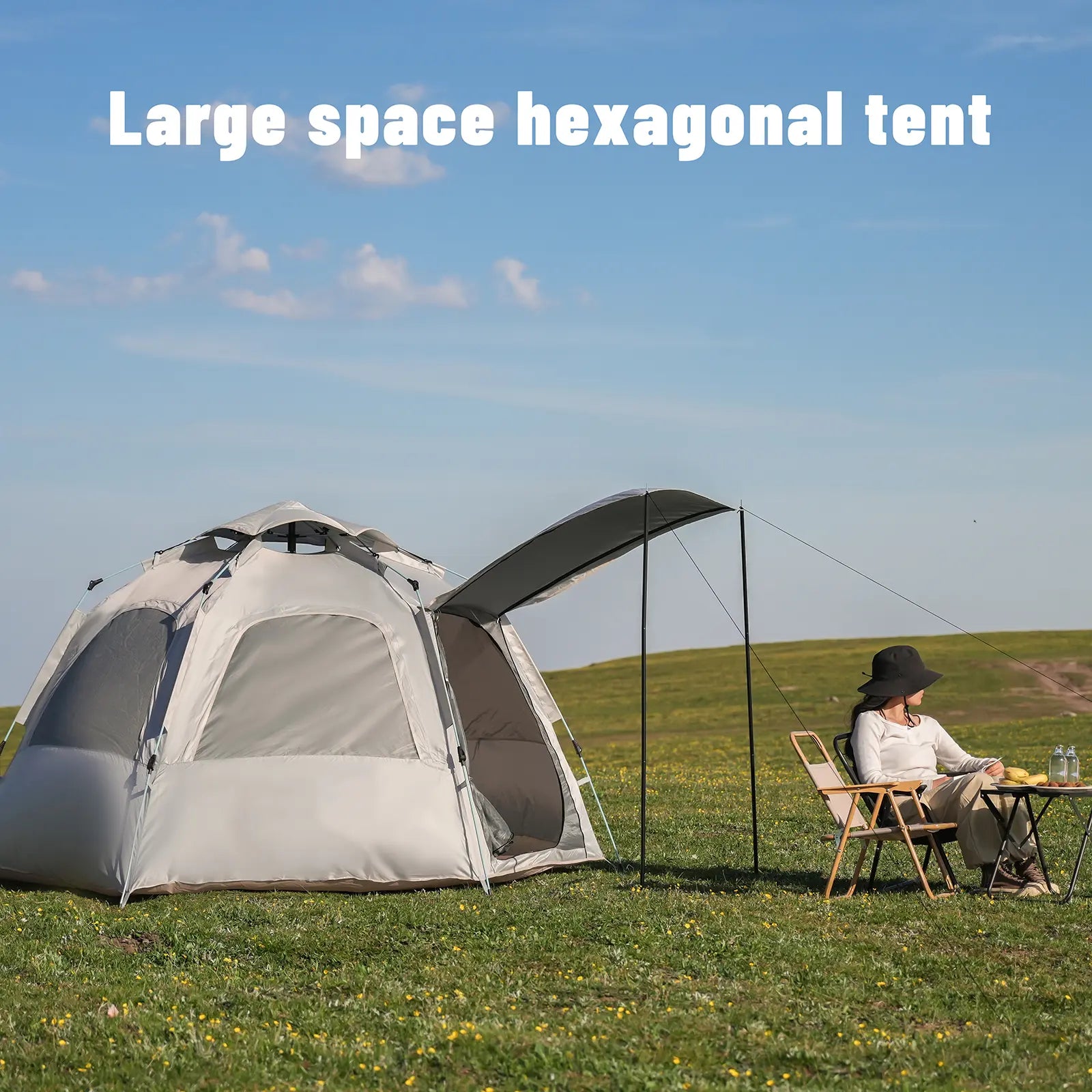 Hexagonal Quick-Open Outdoor Camping Tent with Oxford Fabric UV Protection and Windproof Straps, 6-Sided Mesh Design, Automatic Pop-Up Feature, Portable and Foldable Camping Set for Picnics and Outdoor Adventures