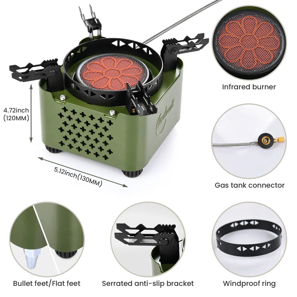Indwell Portable Propane Infrared Camping Stove - Windproof Single Burner for Hiking, Camping, and BBQ - 2-in-1 Cooking Heater (Green)