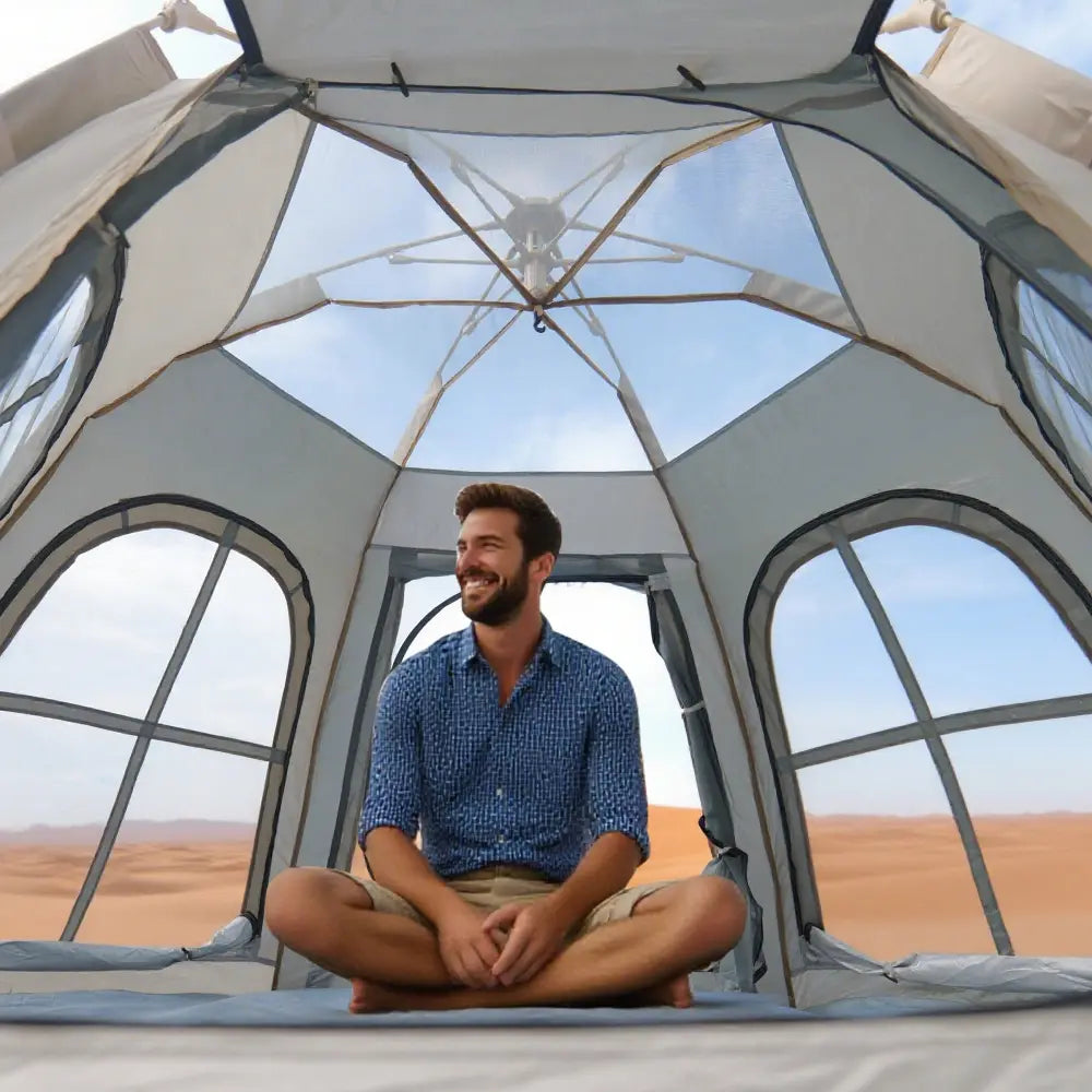 Large Lightweight Pop-Up Camping Tent with Detachable Top Cover - Wind Resistant Hexagonal Canopy Shelter for Outdoor Essentials
