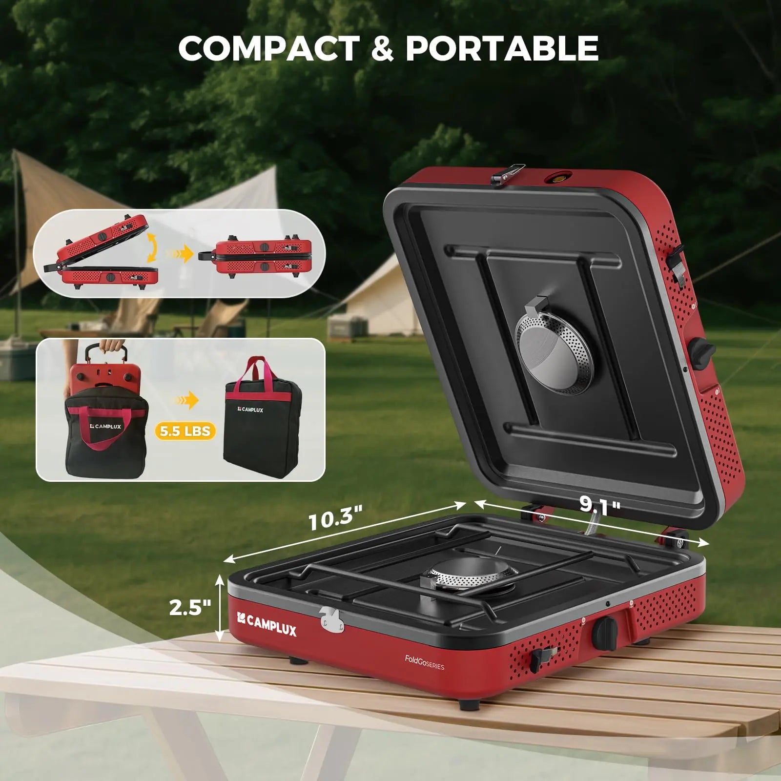 Camplux Foldgo Portable 2-Burner Camping Stove - 17,200 BTU Gas Cooker with Fast Ignition and Carry Bag for Outdoor Cooking, RVs, and Picnics