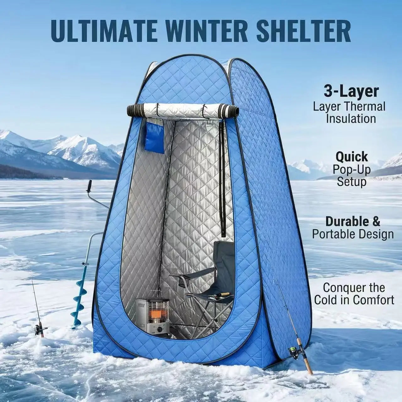 Insulated Pop-Up Ice Fishing Tent – Durable 3-Layer Oxford Cloth Winter Shelter – Instant Setup Portable Tent for Ice Fishing, Camping, and Winter Activities