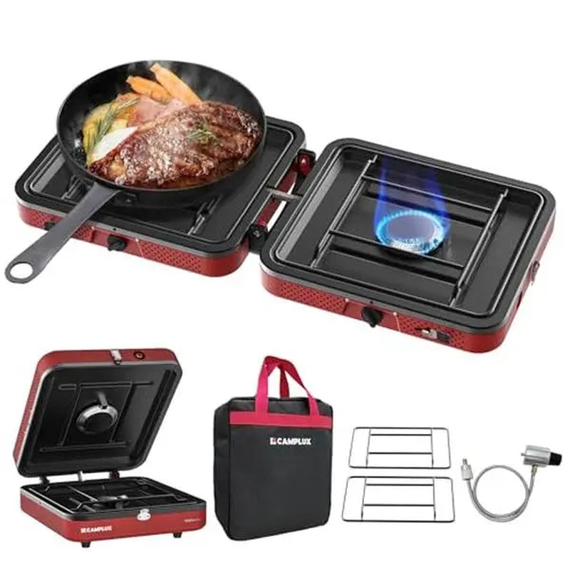 Camplux Foldgo Portable 2-Burner Camping Stove - 17,200 BTU Gas Cooker with Fast Ignition and Carry Bag for Outdoor Cooking, RVs, and Picnics