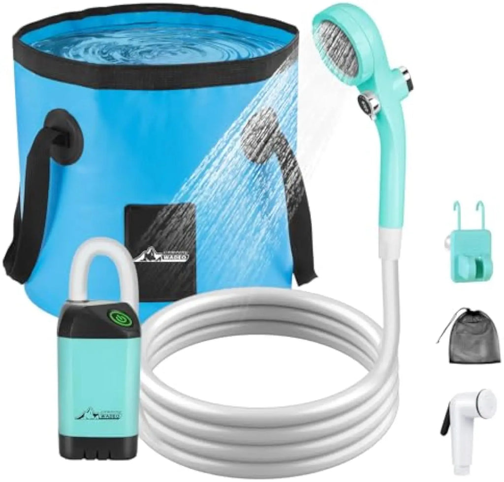WADEO Portable Electric Shower for Camping - Rechargeable Pump with 20L Collapsible Bucket and Shower Head Nozzle for Outdoor Activities