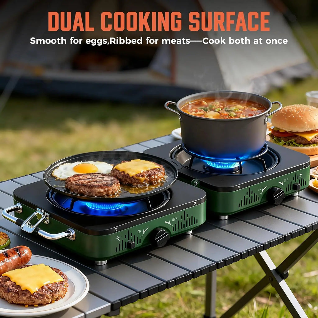 Big Horn Outdoors Portable 2-Burner Propane Camping Stove with Frying Pan and Carry Bag for Outdoor Cooking and Emergency Use