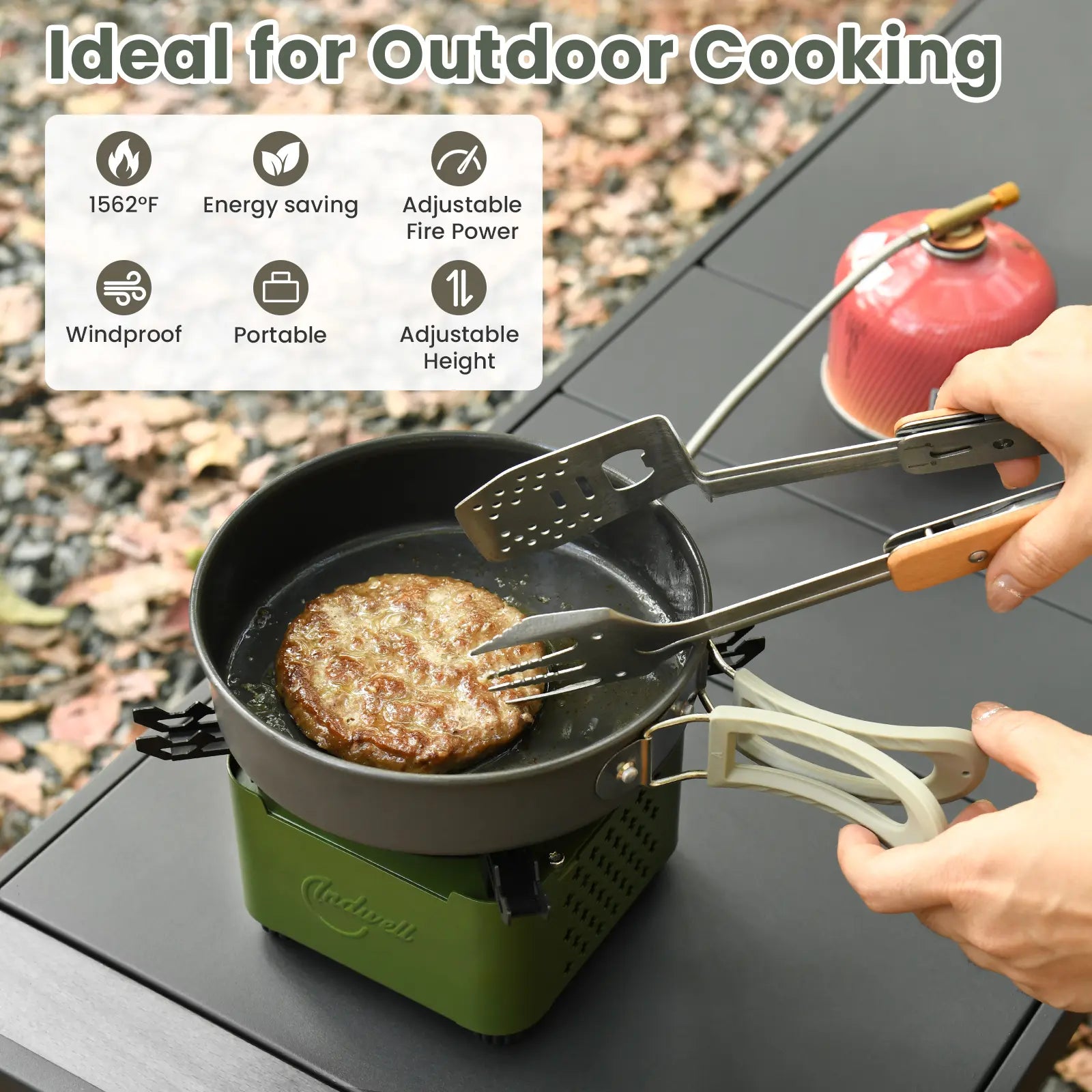 Indwell Portable Propane Infrared Camping Stove - Windproof Single Burner for Hiking, Camping, and BBQ - 2-in-1 Cooking Heater (Green)