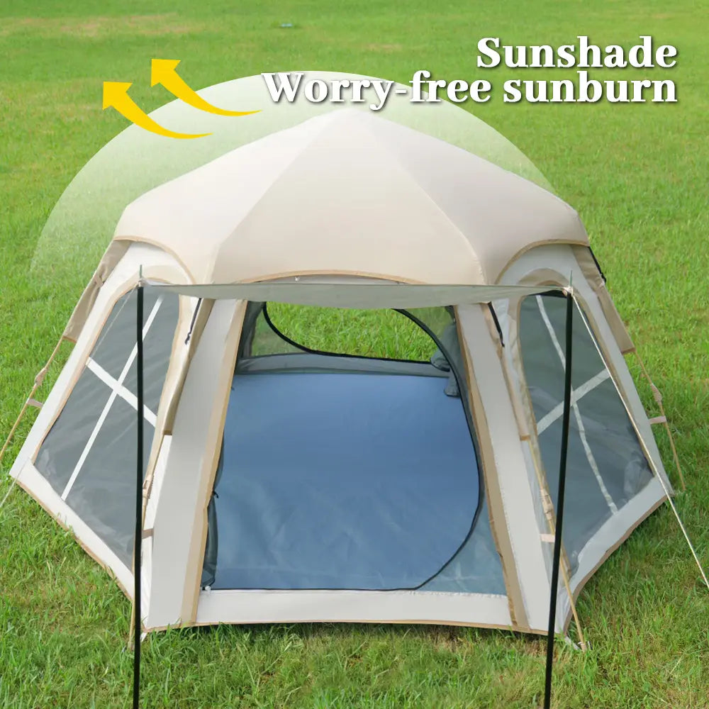 Large Lightweight Pop-Up Camping Tent with Detachable Top Cover - Wind Resistant Hexagonal Canopy Shelter for Outdoor Essentials