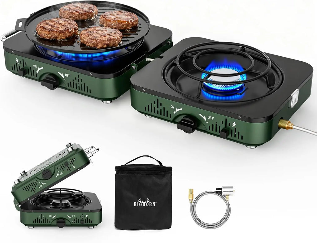 Big Horn Outdoors Portable 2-Burner Propane Camping Stove with Frying Pan and Carry Bag for Outdoor Cooking and Emergency Use