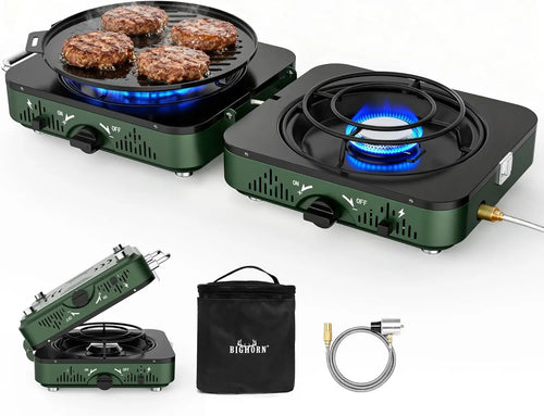 Big Horn Outdoors Portable 2-Burner Propane Camping Stove with Frying Pan and Carry Bag for Outdoor Cooking and Emergency Use