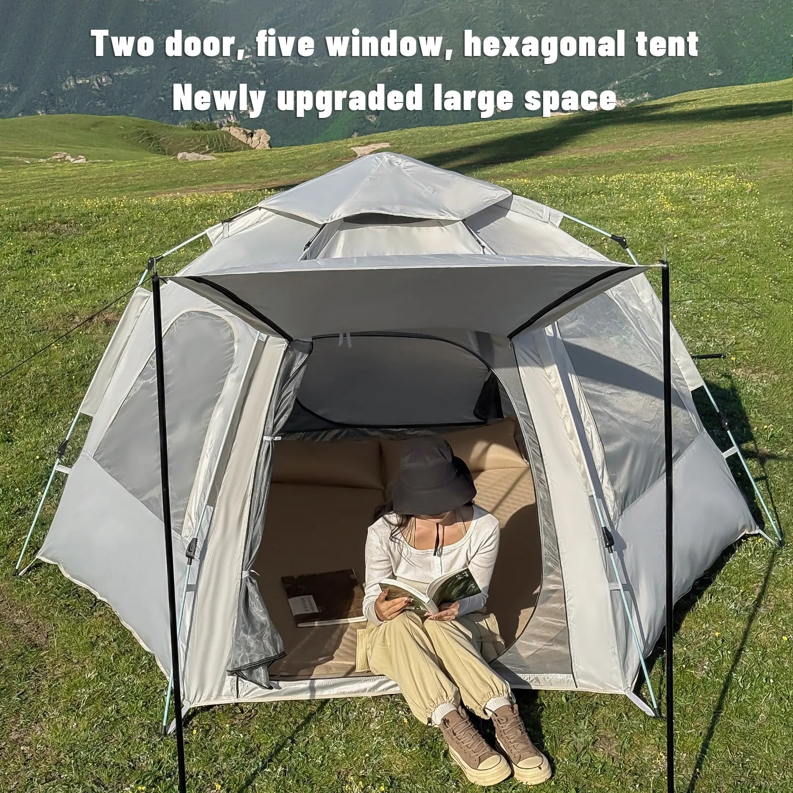 Hexagonal Quick-Open Outdoor Camping Tent with Oxford Fabric UV Protection and Windproof Straps, 6-Sided Mesh Design, Automatic Pop-Up Feature, Portable and Foldable Camping Set for Picnics and Outdoor Adventures