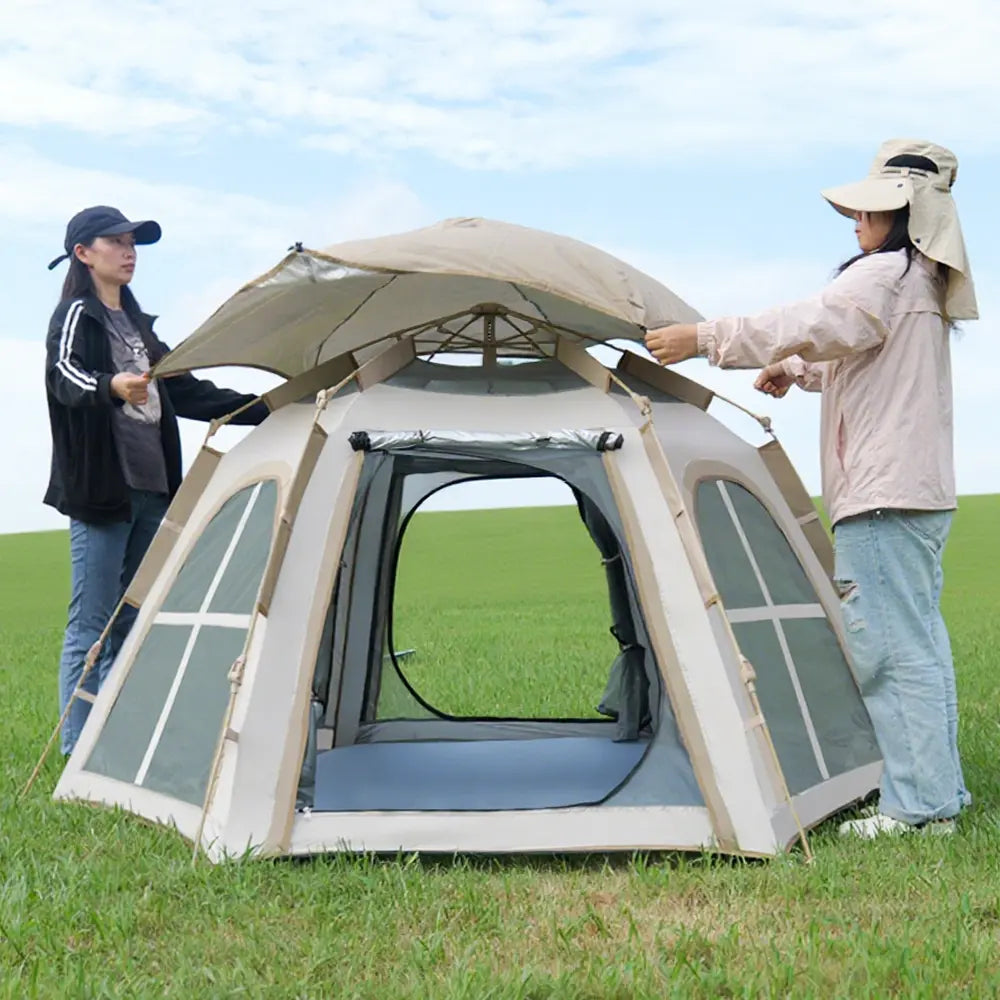Large Lightweight Pop-Up Camping Tent with Detachable Top Cover - Wind Resistant Hexagonal Canopy Shelter for Outdoor Essentials