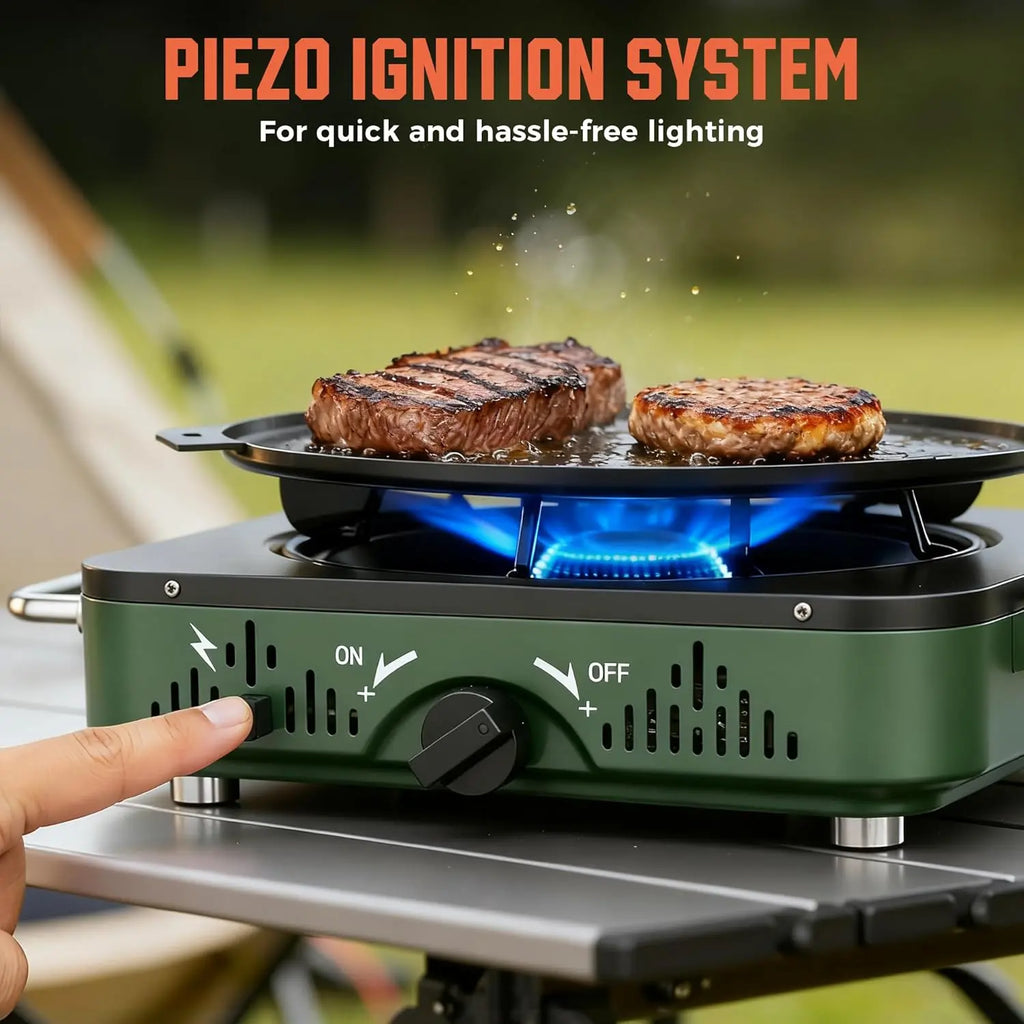 Big Horn Outdoors Portable 2-Burner Propane Camping Stove with Frying Pan and Carry Bag for Outdoor Cooking and Emergency Use