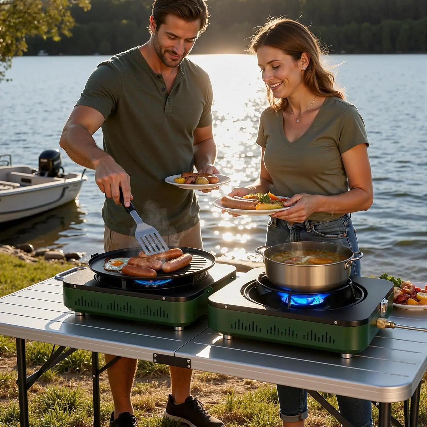 Big Horn Outdoors Portable 2-Burner Propane Camping Stove with Frying Pan and Carry Bag for Outdoor Cooking and Emergency Use