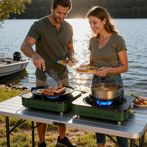 Big Horn Outdoors Portable 2-Burner Propane Camping Stove with Frying Pan and Carry Bag for Outdoor Cooking and Emergency Use