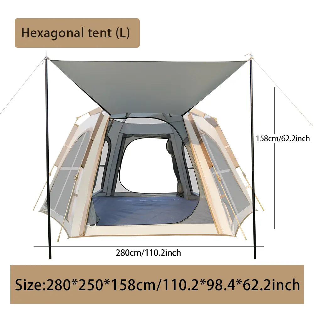 Large Lightweight Pop-Up Camping Tent with Detachable Top Cover - Wind Resistant Hexagonal Canopy Shelter for Outdoor Essentials