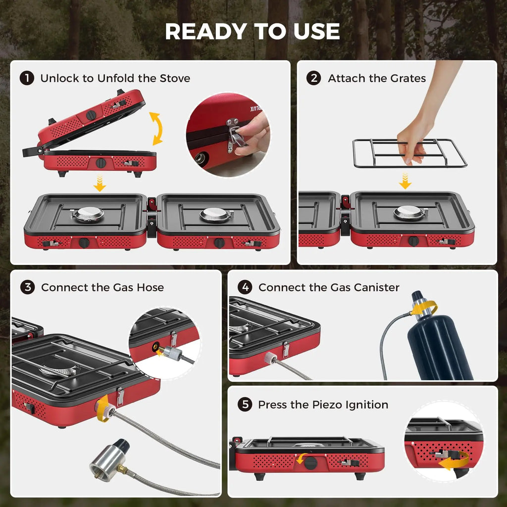 Camplux Foldgo Portable 2-Burner Camping Stove - 17,200 BTU Gas Cooker with Fast Ignition and Carry Bag for Outdoor Cooking, RVs, and Picnics