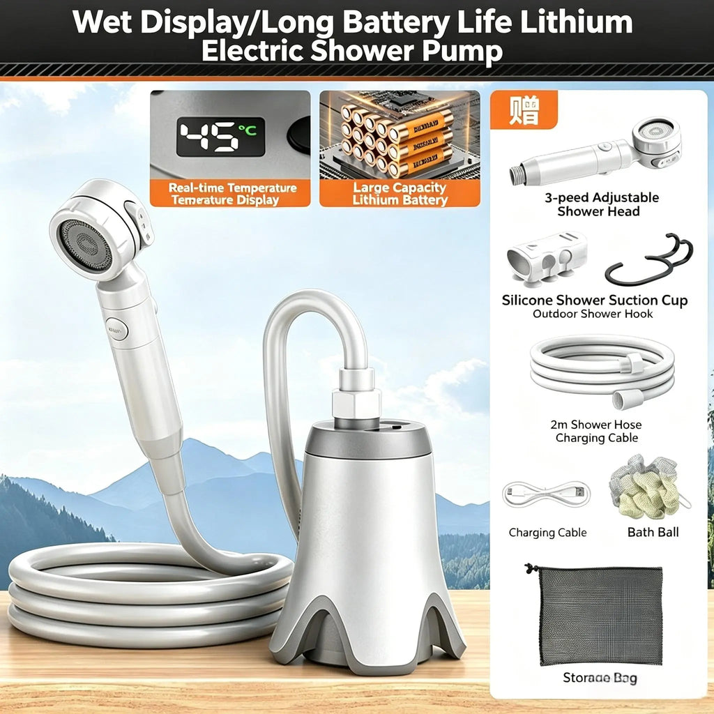 Wetough Portable Rechargeable Electric Camping Shower Pump - Enhanced Model with Intelligent Digital Display and Multiple Spray Modes for Outdoor Activities